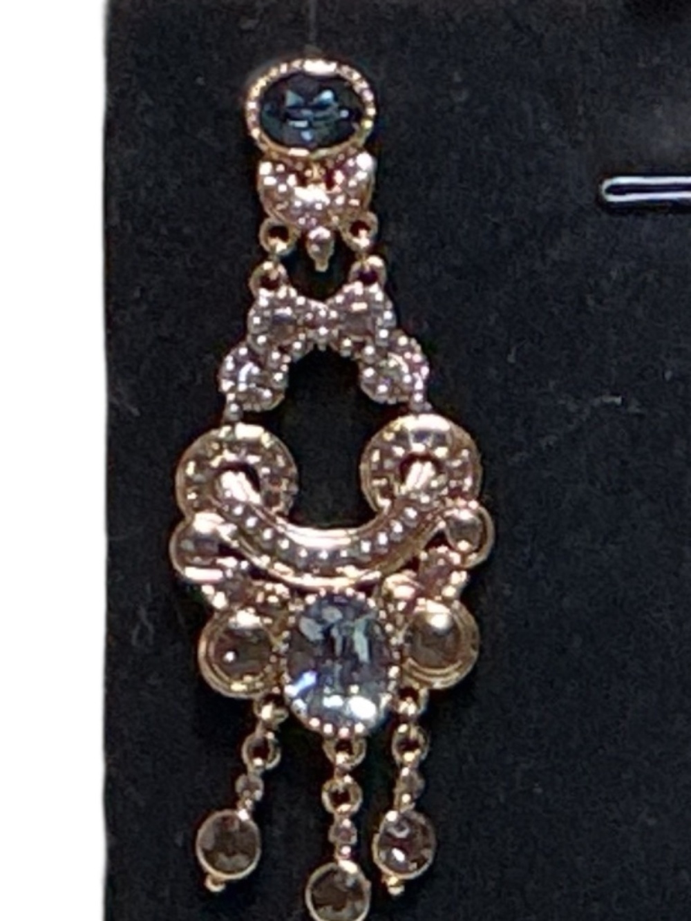 Chandelier Earrings Victorian Art Deco, Gold Electroplated, Blue Crystal Dangle